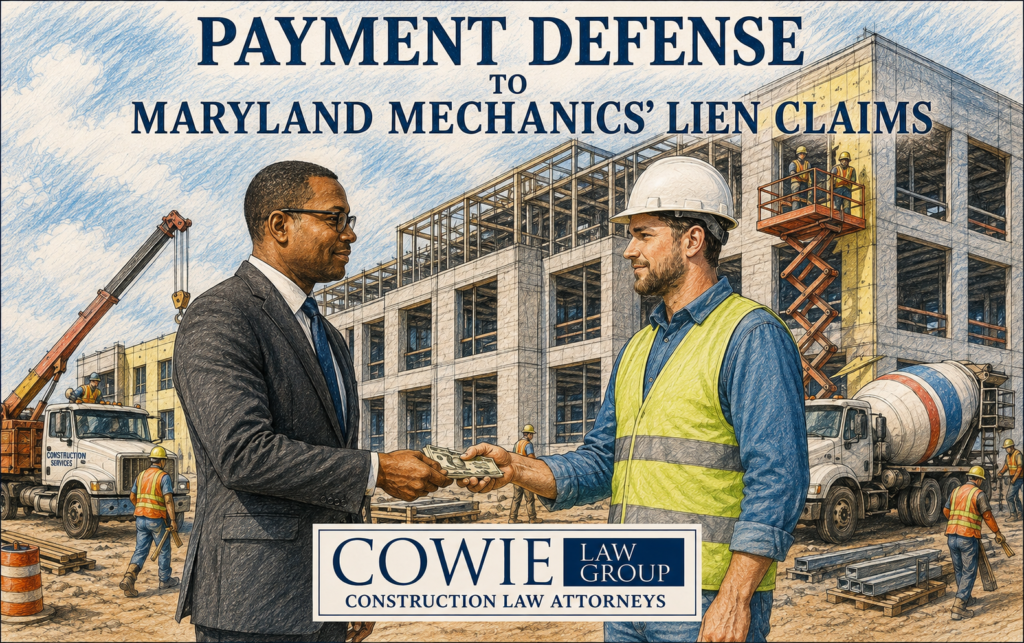 This is an image of a owner, paying a general contractor for construction work in front of a building under construction. This image is used within an article by Cowie Law Group, P.C. entitled "Payment Defense to a Maryland mechanics’ Lien Claim by Cowie Law Group, Maryland Mechanics’ Lien Attorneys and Maryland Construction Lawyers" Cowie Law Group also practices Washington DC mechanics’ Lien Law and Construction Law