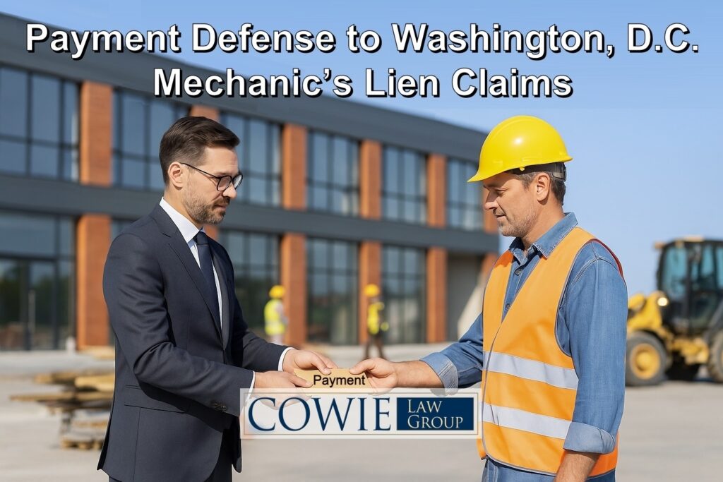 Payment Defense to a Subcontractor’s Washington DC mechanic’s Lien Claim by Cowie Law Group, Washington DC Mechanics Lien Claim Attorneys and Real Estate Construction Lawyers
