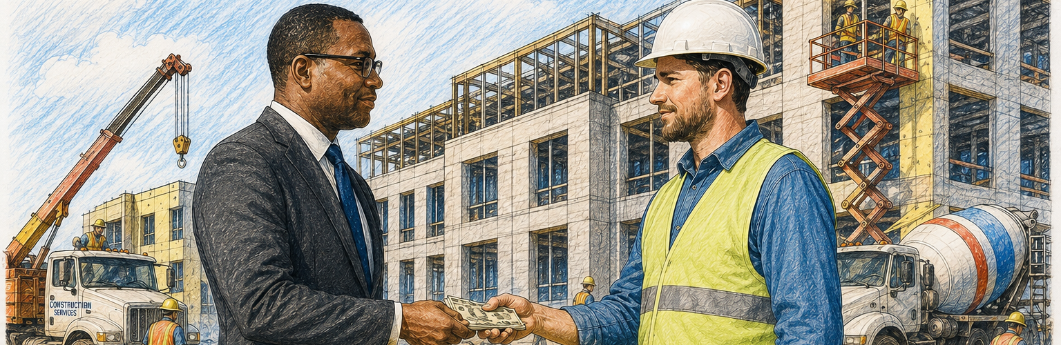 This is an image of a owner, paying a general contractor for construction work in front of a building under construction. This image is used within an article by Cowie Law Group, P.C. entitled "Payment Defense to a Maryland mechanics’ Lien Claim by Cowie Law Group, Maryland and Washington DC Mechanics’ Lien Attorneys and Construction Lawyers"