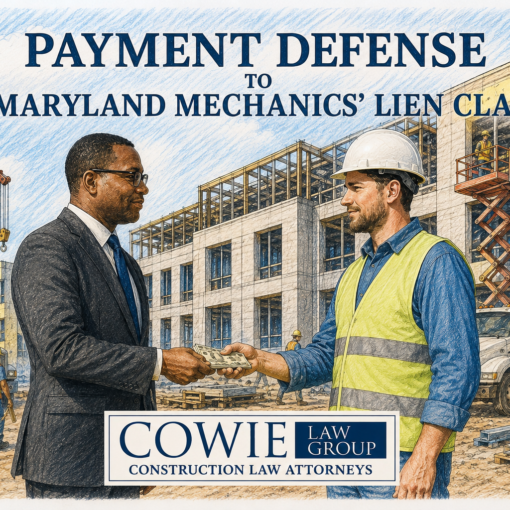 This is an image of a owner, paying a general contractor for construction work in front of a building under construction. This image is used within an article by Cowie Law Group, P.C. entitled "Payment Defense to a Maryland mechanics’ Lien Claim by Cowie Law Group, Maryland and Washington DC Mechanics’ Lien Attorneys and Construction Lawyers"