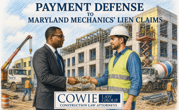 This is an image of a owner, paying a general contractor for construction work in front of a building under construction. This image is used within an article by Cowie Law Group, P.C. entitled "Payment Defense to a Maryland mechanics’ Lien Claim by Cowie Law Group, Maryland and Washington DC Mechanics’ Lien Attorneys and Construction Lawyers"